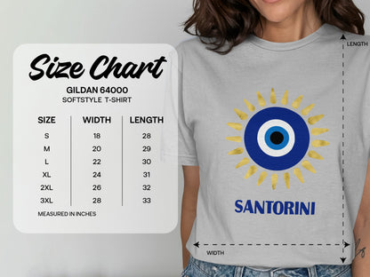 Gildan 64000 softstyle t-shirt size chart with Santorini graphic.