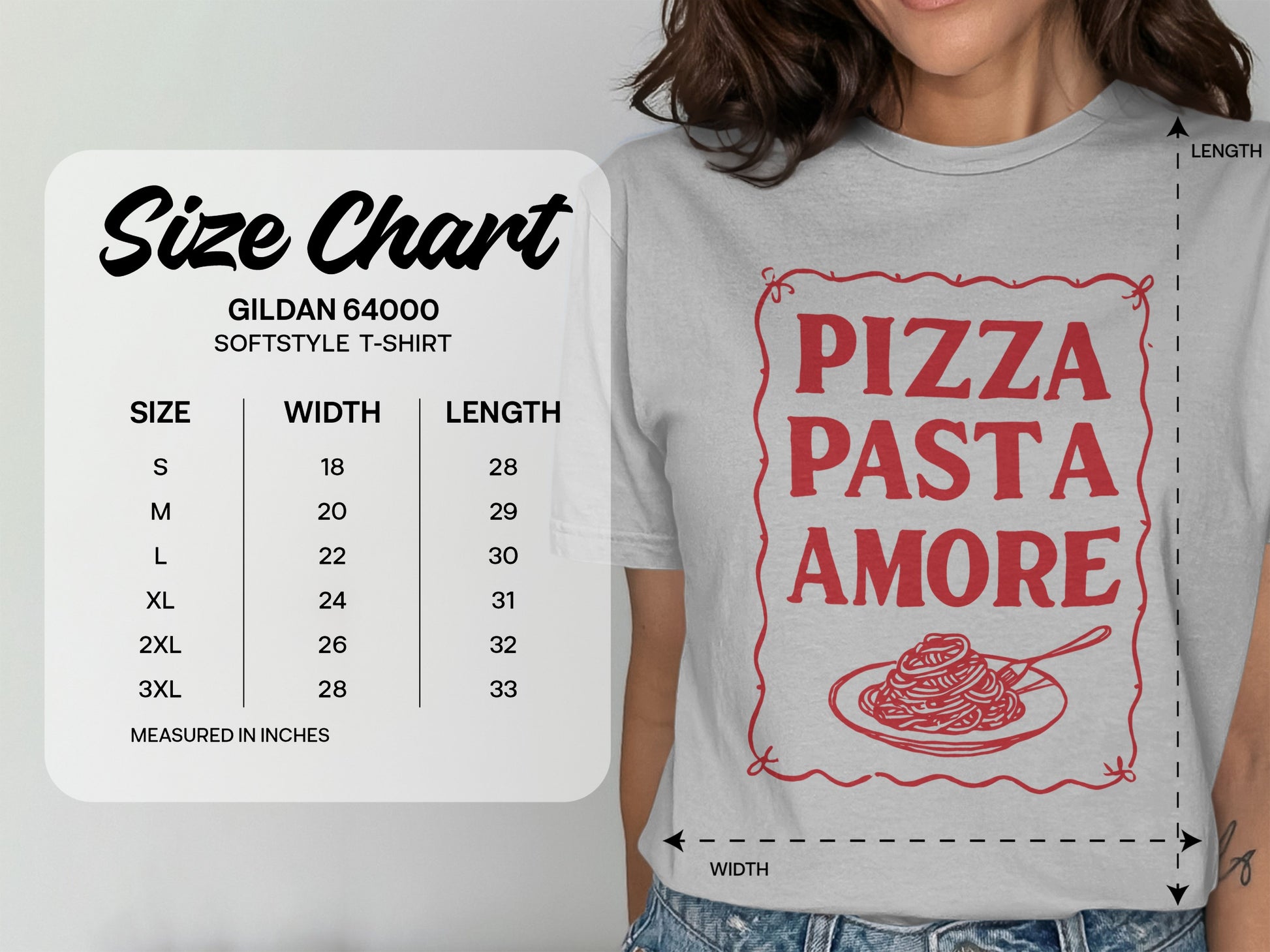 Gildan 64000 softstyle t-shirt size chart with pizza pasta amore graphic.