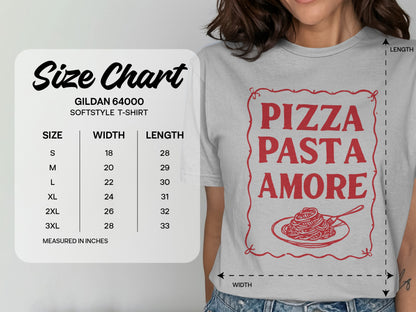 Gildan 64000 softstyle t-shirt size chart with pizza pasta amore graphic.