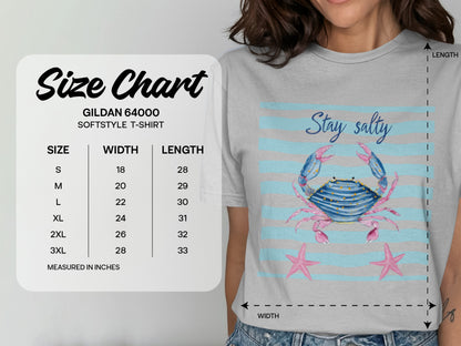 Gildan 64000 t-shirt size chart with measurements and "Stay salty" text.