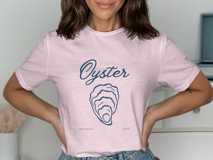 Pink t-shirt with a blue oyster graphic and "Oyster" text.
