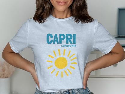 White t-shirt with "CAPRI LA DOLCE VITA" and a yellow sun graphic.