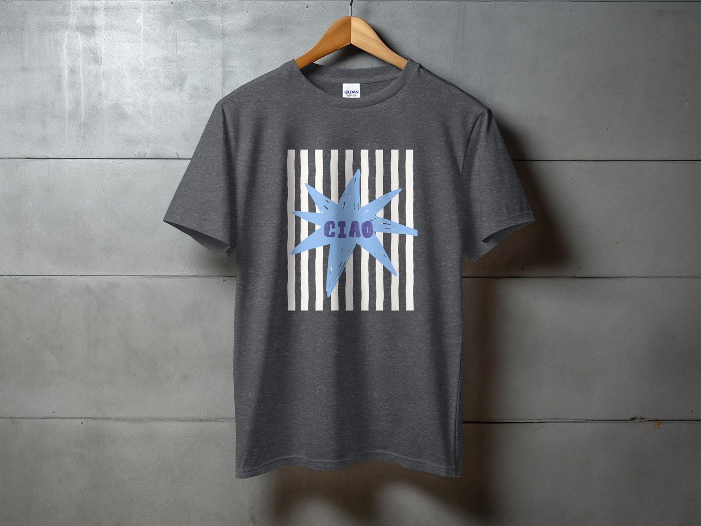 Dark grey t-shirt with a blue star and "CIAO" text on striped background.