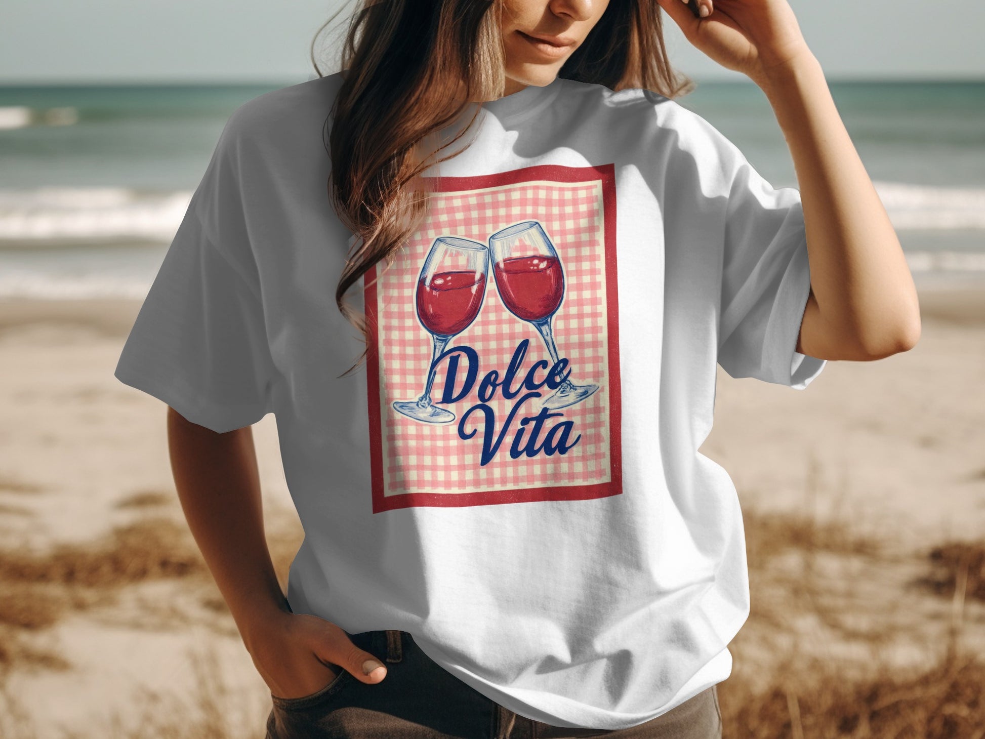 White t-shirt with "Dolce Vita" text and two glasses of wine.