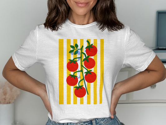White t-shirt with a sprig of red tomatoes and yellow stripes.