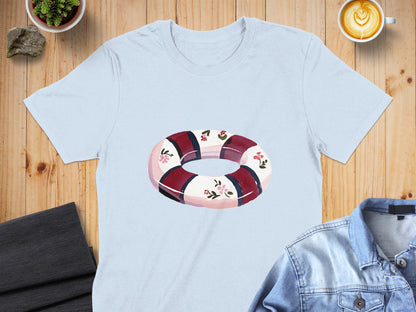 Light blue t-shirt with a colorful life preserver graphic.