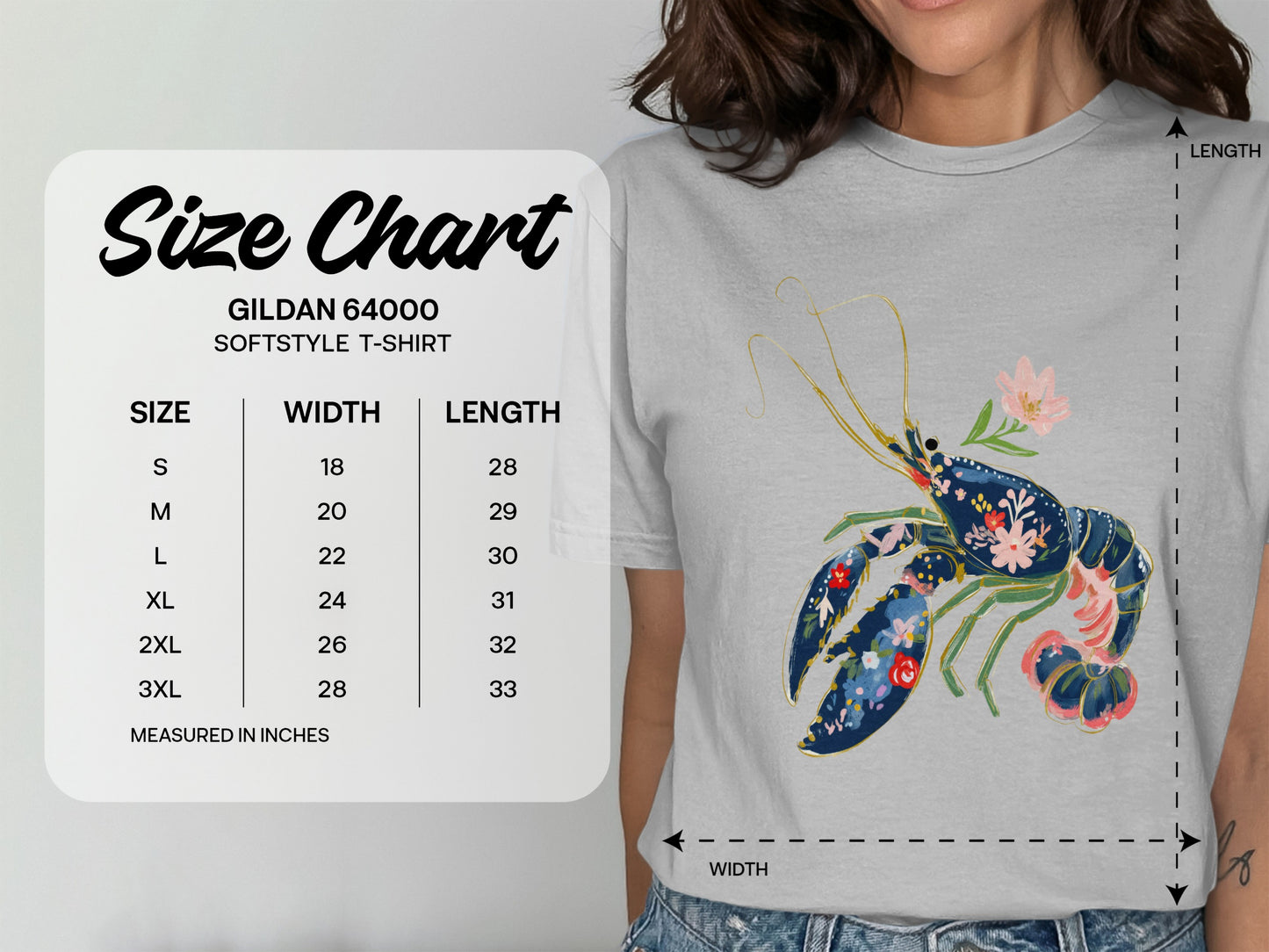 T-shirt size chart with measurements for Gildan 64000 Softstyle t-shirts.