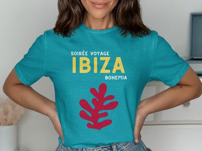 Teal t-shirt with yellow "Ibiza Bohemia" text and red leaf graphic.