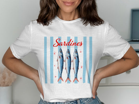 White t-shirt with "Sardines" text and three stylized fish.