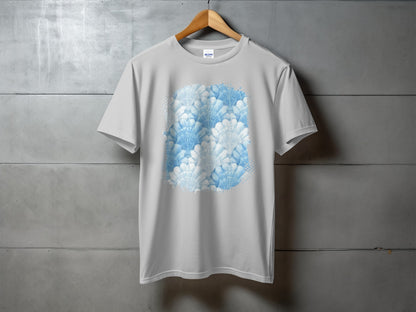 Light gray t-shirt with a blue and white abstract leaf pattern.