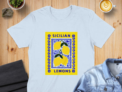 Light blue t-shirt featuring a yellow Sicilian lemons design with blue border.