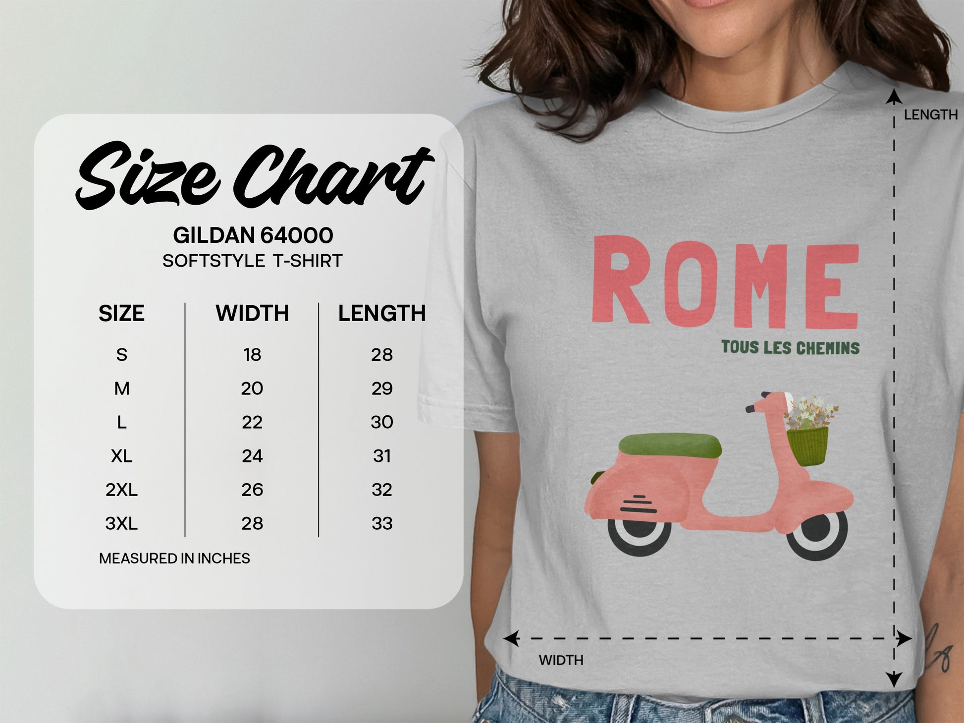 Gildan 64000 Softstyle T-shirt size chart with measurements in inches.