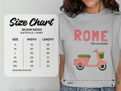 Gildan 64000 Softstyle T-shirt size chart with measurements in inches.