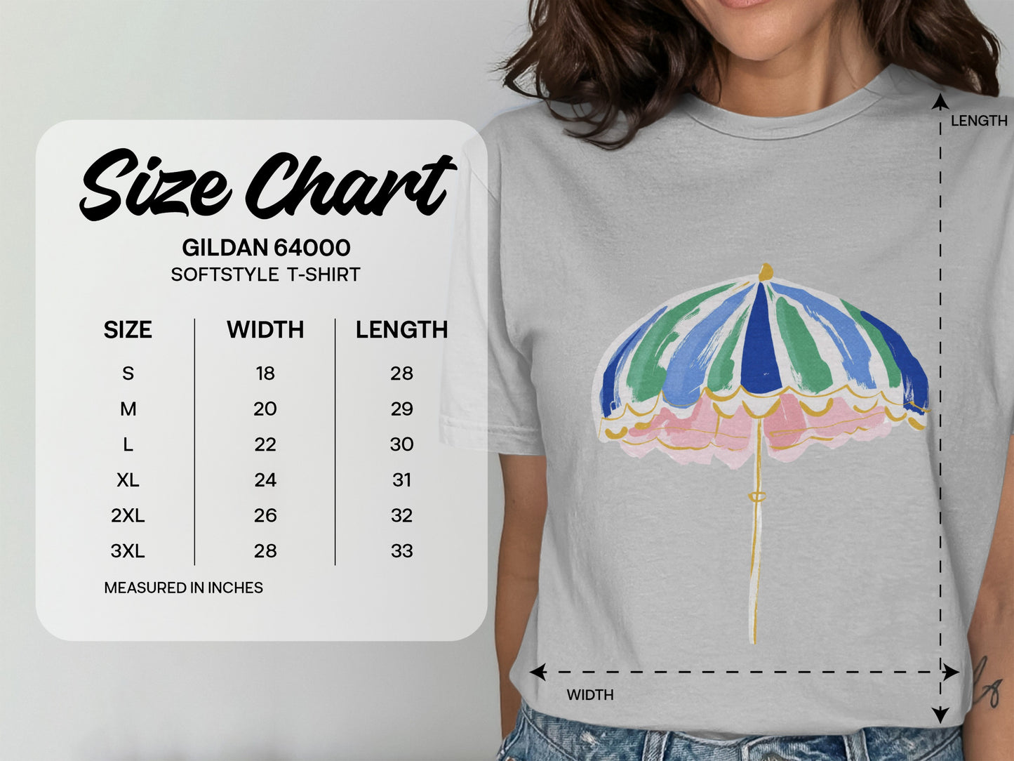 Size chart for Gildan 64000 Softstyle T-shirt with measurements.