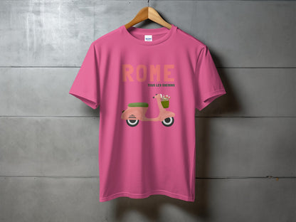 Pink t-shirt with "ROME TOUS LES CHEMINS" text and a scooter illustration.