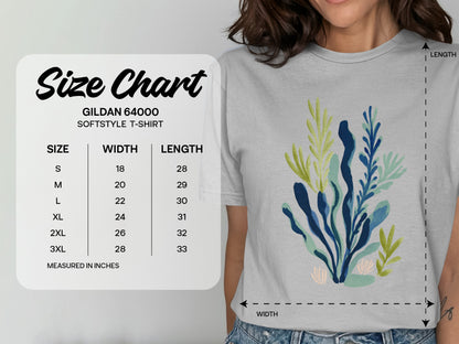 Gildan 64000 Softstyle T-Shirt size chart with width and length measurements.