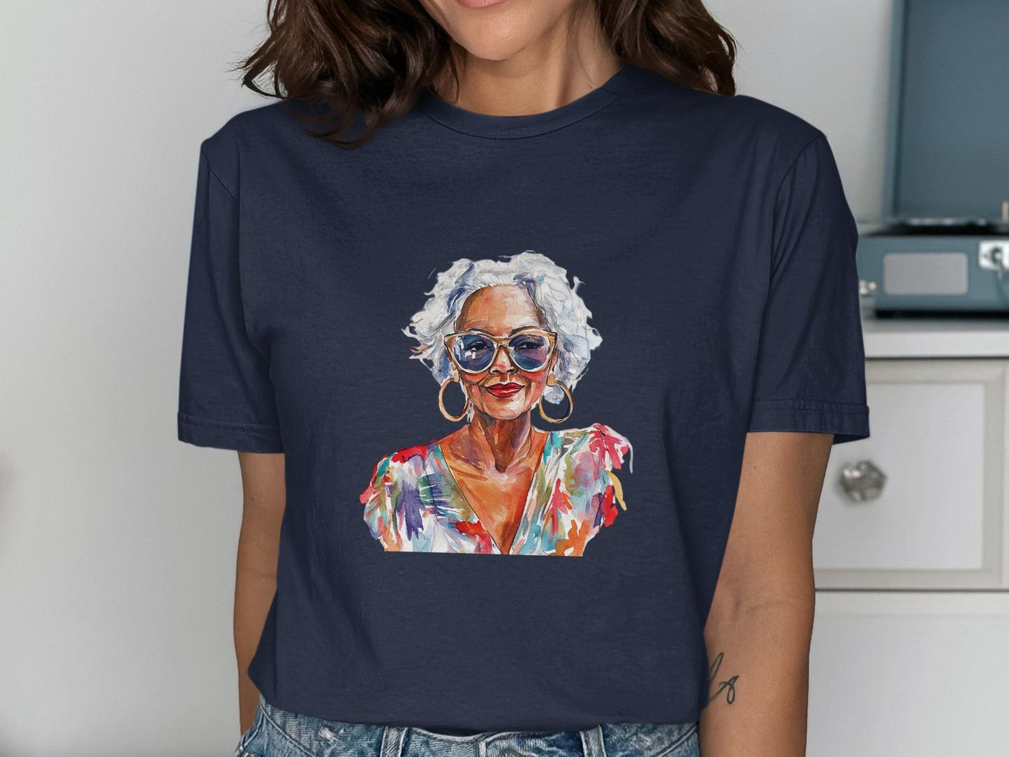 Watercolor portrait of a stylish older woman with white curly hair and sunglasses.