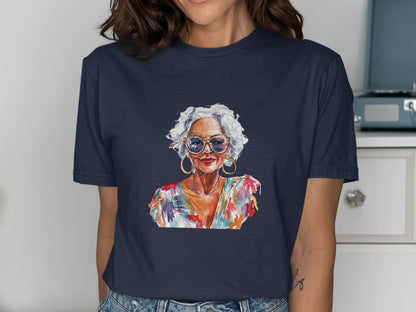 Watercolor portrait of a stylish older woman with white curly hair and sunglasses.