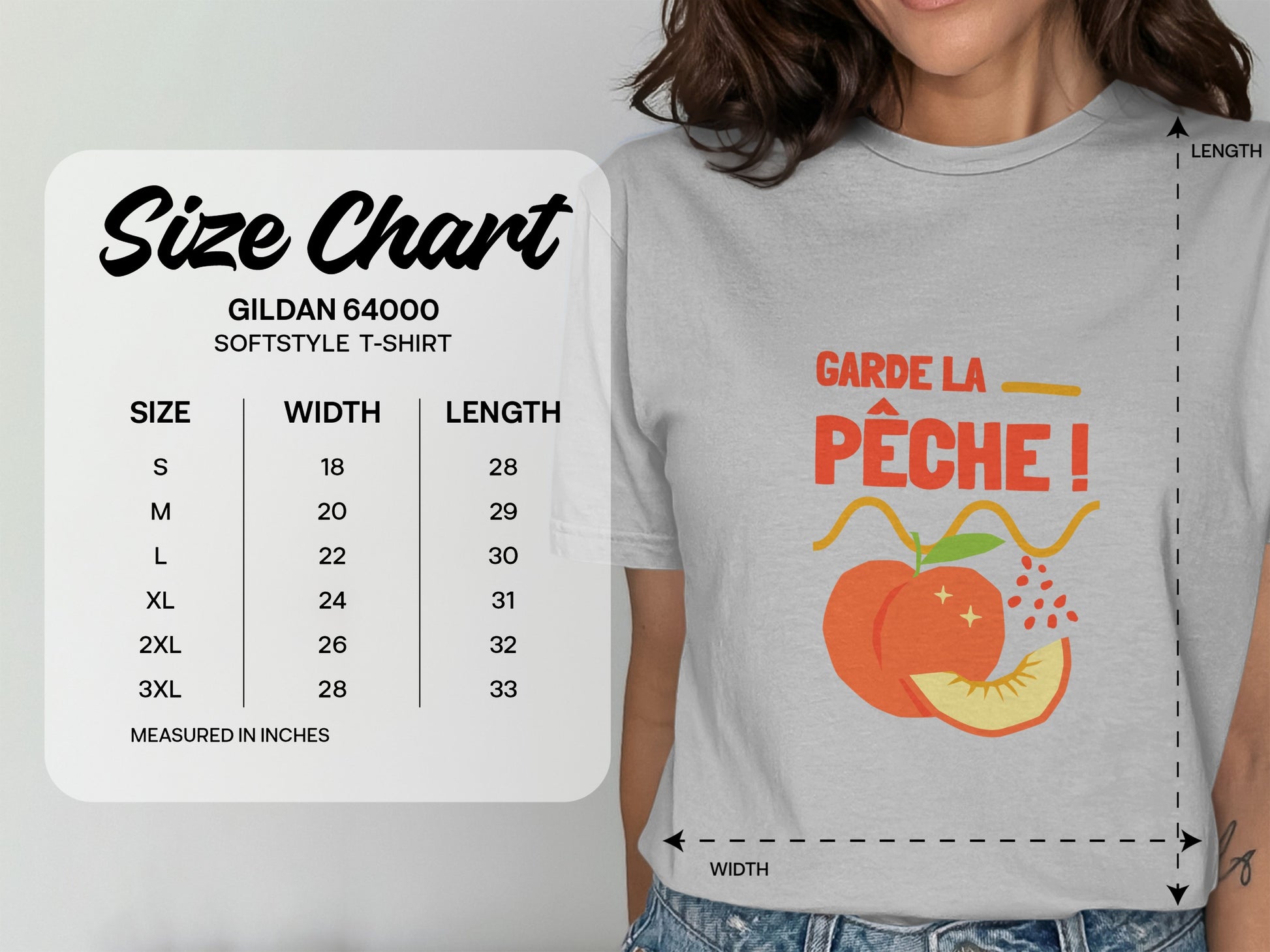 Gildan 64000 softstyle t-shirt size chart with measurements in inches.