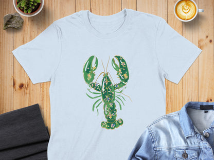 Light blue t-shirt with a green, ornate lobster graphic.