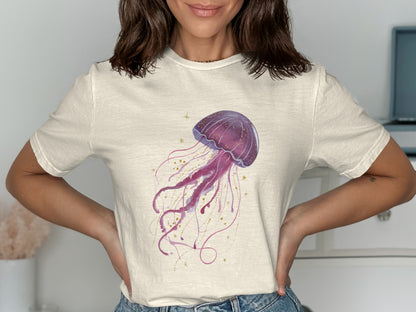 Light cream t-shirt with a purple watercolor jellyfish illustration.