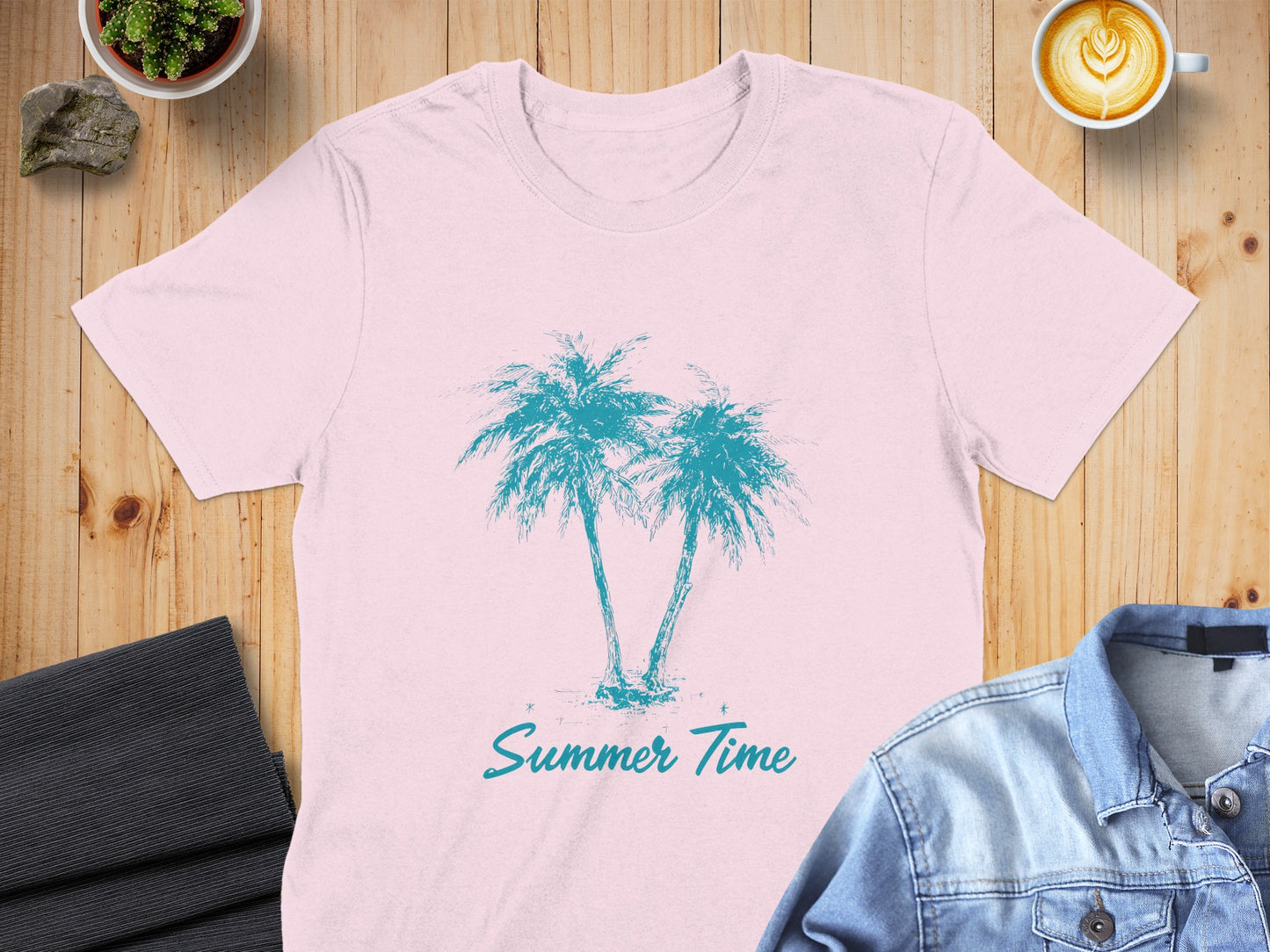 Pink t-shirt with a teal palm tree graphic and "Summer Time" text.