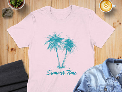 Pink t-shirt with a teal palm tree graphic and "Summer Time" text.