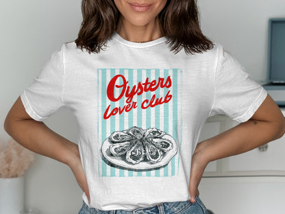 White t-shirt with "Oysters Lover Club" text and a plate of oysters.