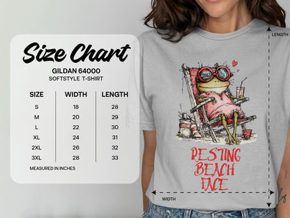 Size chart for Gildan 64000 Softstyle T-Shirt with frog graphic.