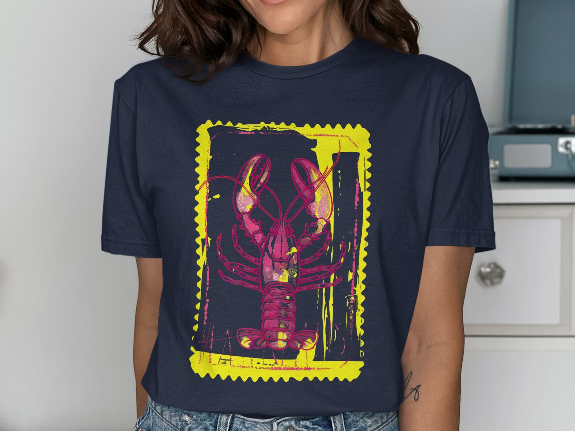 Vintage Lobster Graphic Design on Navy T-shirt product