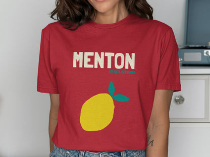 Red t-shirt with yellow lemon graphic and "MENTON CITRON" text.