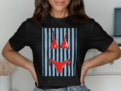 Black t-shirt with a red bikini graphic over blue and light blue stripes.