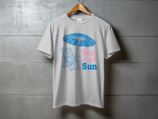White t-shirt with "Sea and Sun" text, beach chair, and umbrella graphic.