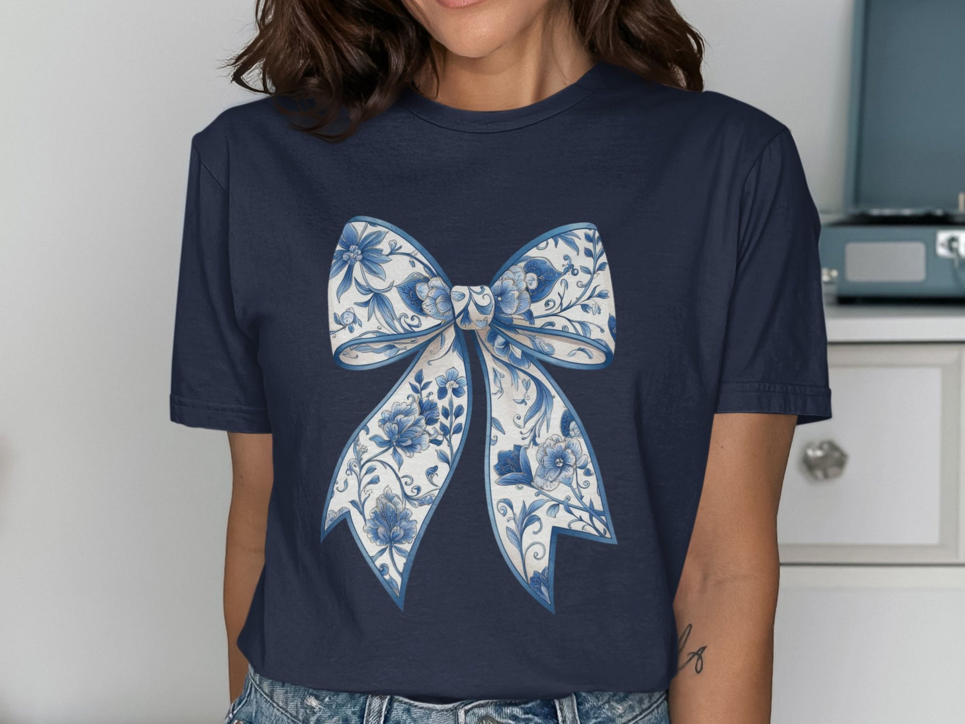 Women's Blue and White Bow Graphic T-shirt product