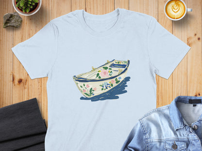 Light blue t-shirt with a floral boat illustration.