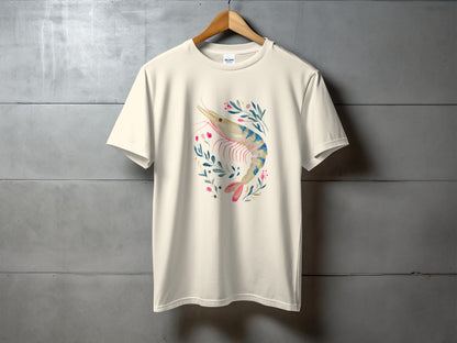 Cream t-shirt with a watercolor shrimp and floral design.