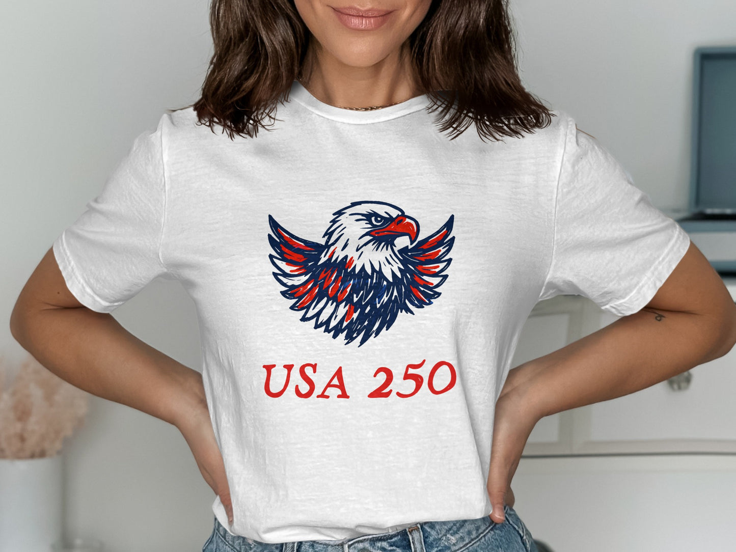 White t-shirt with a patriotic eagle and "USA 250" text.