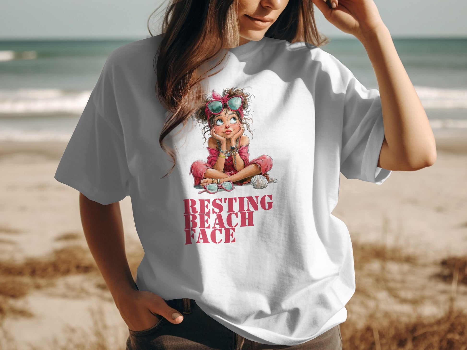 Woman in white t-shirt with cartoon girl wearing sunglasses and reading glasses, "Resting Beach Face" text.