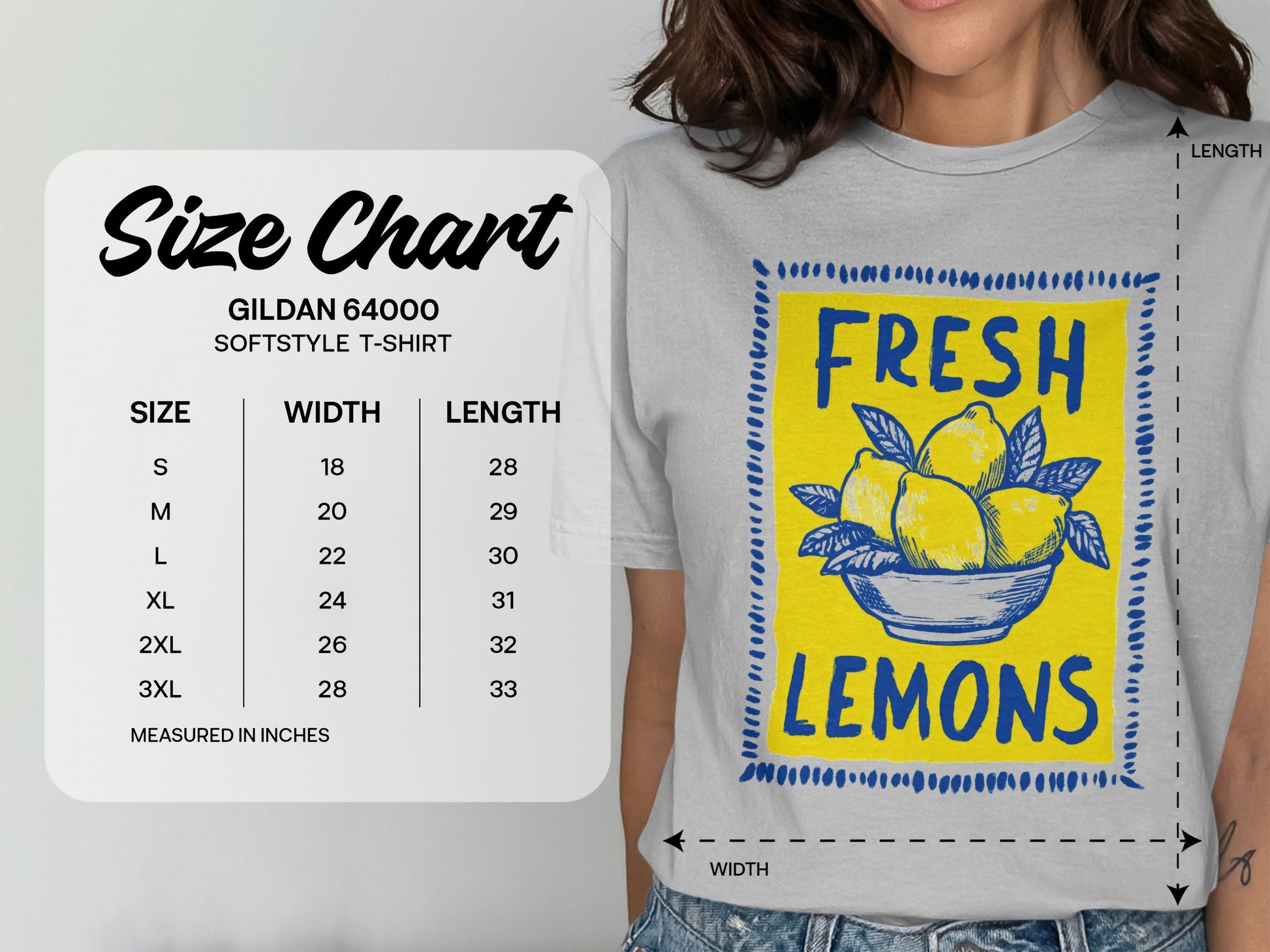 Gildan 64000 t-shirt size chart with "Fresh Lemons" graphic.