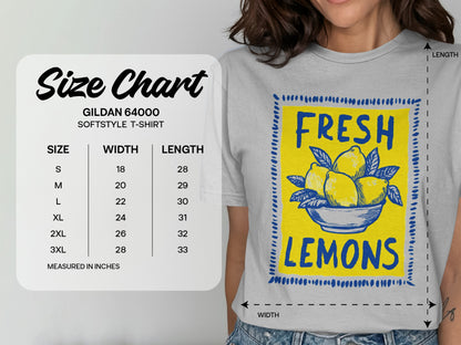 Gildan 64000 t-shirt size chart with "Fresh Lemons" graphic.