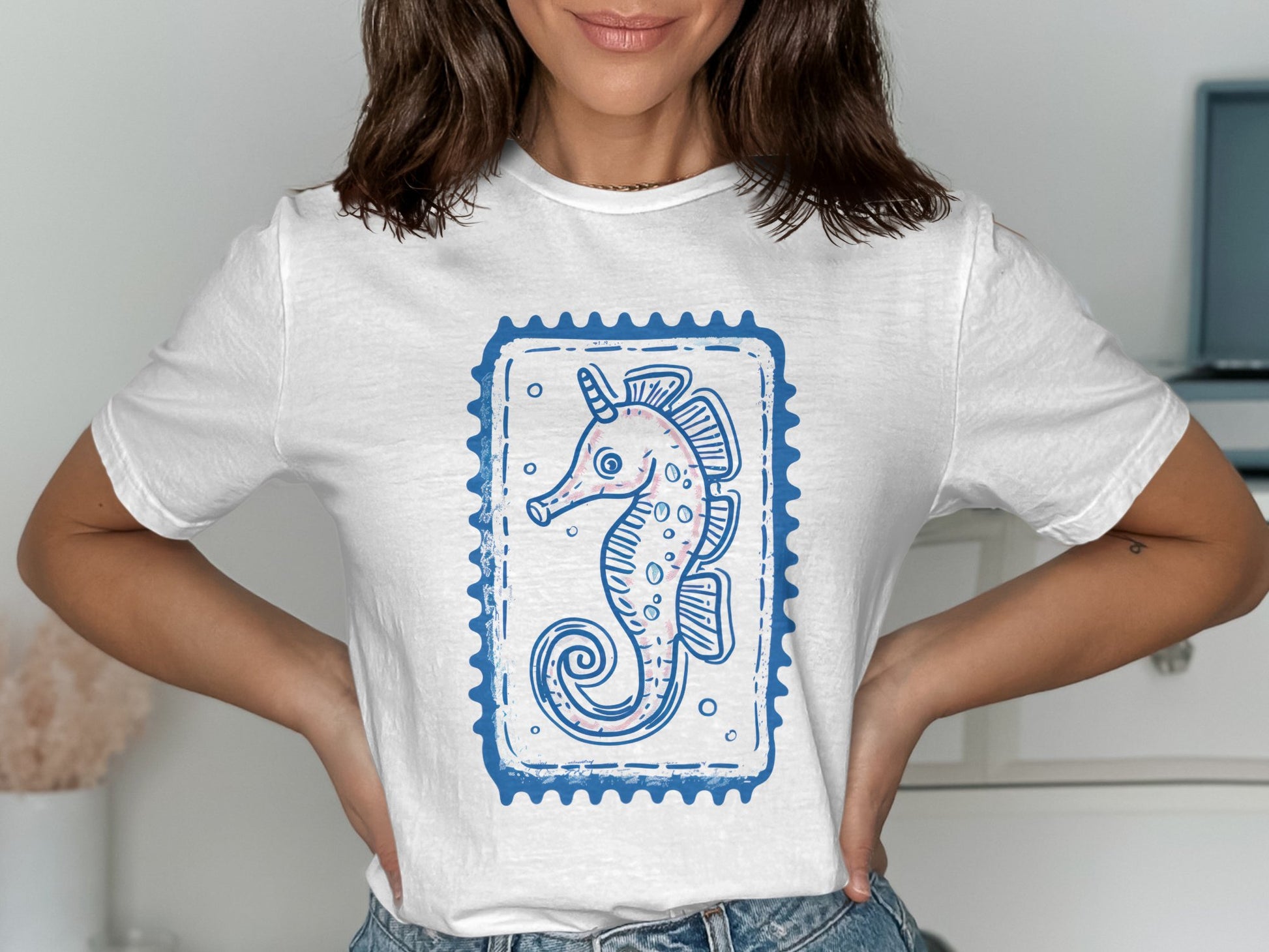 White T Shirt with Artistic Seahorse Graphic product