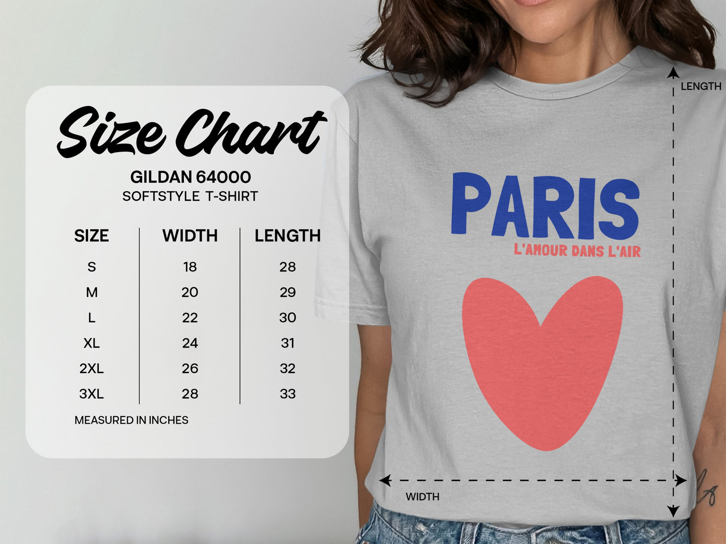 Gildan 64000 softstyle t-shirt size chart with measurements for Paris-themed shirt.