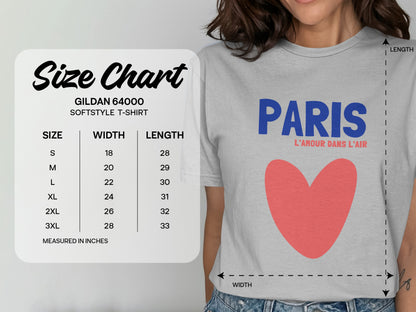 Gildan 64000 softstyle t-shirt size chart with measurements for Paris-themed shirt.