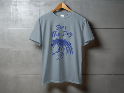 Grey t-shirt with blue wave graphic and "Seas the Day" text.