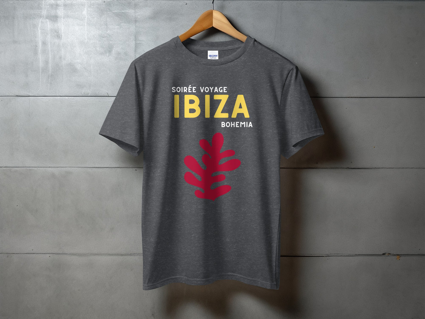 Dark grey t-shirt with "Soirée Voyage Ibiza Bohemia" and red Matisse-inspired leaf design.