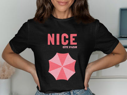 Black t-shirt with pink "NICE CÔTE D'AZUR" text and umbrella graphic.