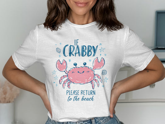White t-shirt with pink crab graphic and "If Crabby Please Return to the Beach" text.