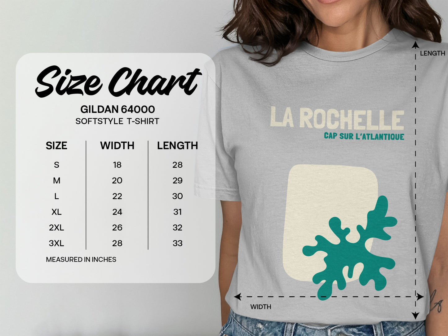 Gildan 64000 t-shirt size chart with La Rochelle text.