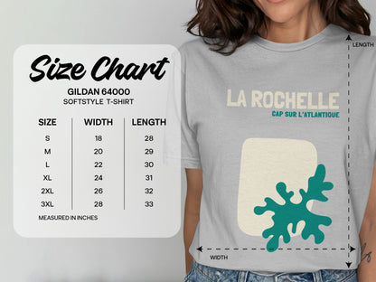 Gildan 64000 t-shirt size chart with La Rochelle text.