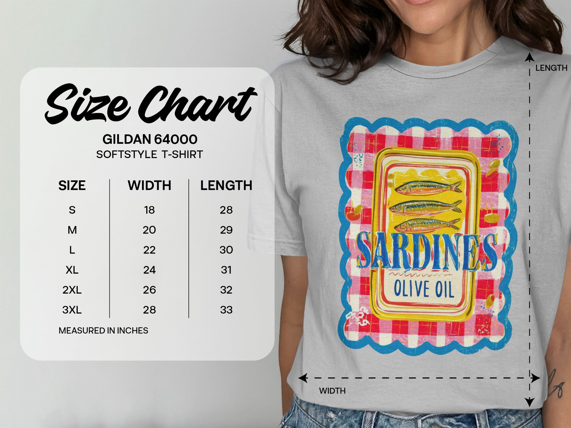 Gildan 64000 t-shirt size chart with Sardines in Olive Oil graphic.